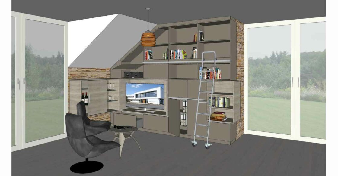 Virtuelle erstellte Wohnung mit Wohnwand und Dachschräge und Blick auf Garten.